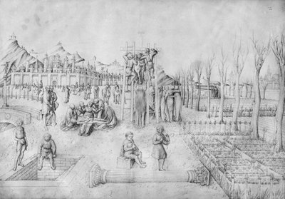 Kruisafneming en Bewening van Christus in een landschap, uit het album van tekeningen van Jacopo Bellini door Jacopo Bellini